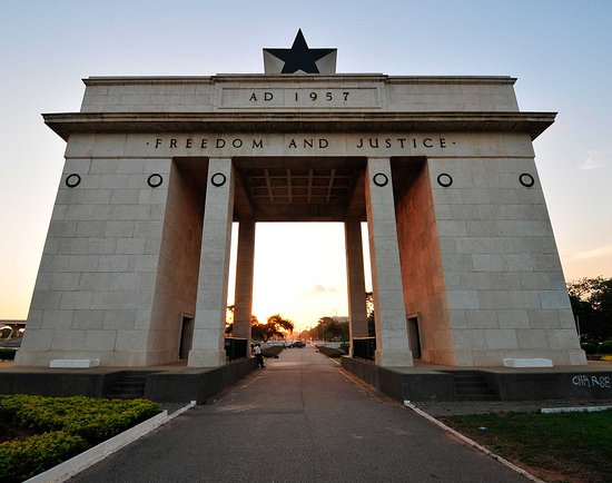 Accra Ghana Independence Arch and Black Star Square at dusk blue hour