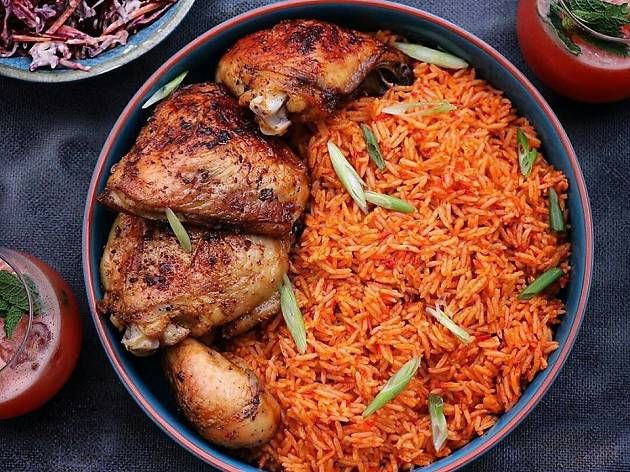Ghanaian jollof rice with grilled chicken and shito